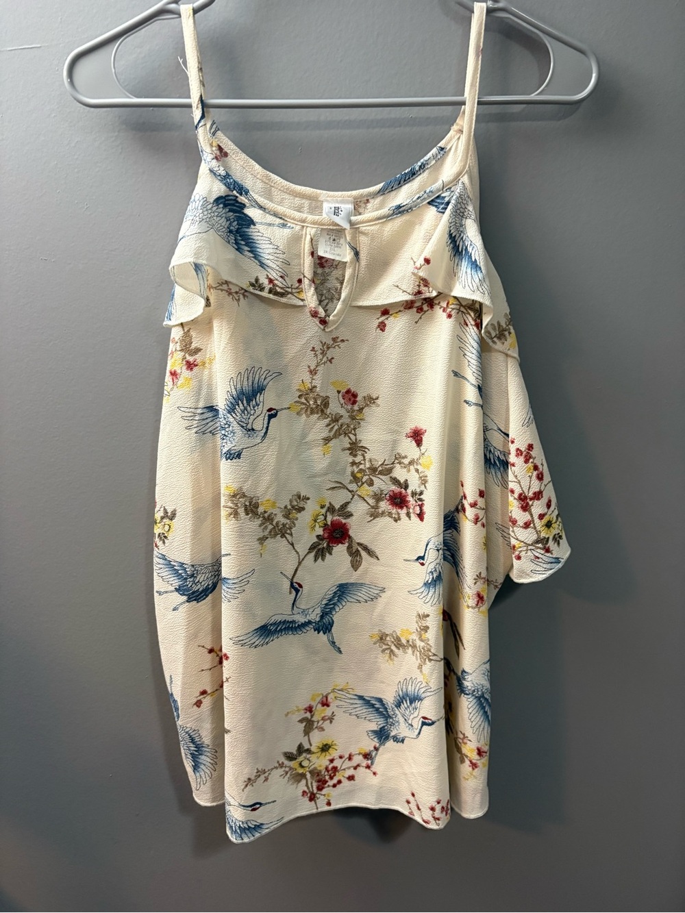 Cream Floral & Blue Crane Cold-Shoulder Blouse